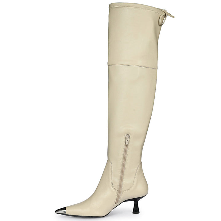 Saint Laurine beige above the knee boots UK, side view showing zip closure