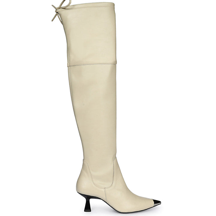 Saint Laurine beige stretch above the knee boots for women UK, side view of contrast toe cap