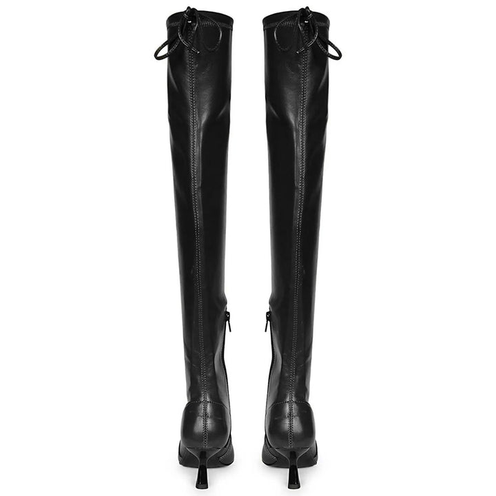 Saint Laurine black above the knee boots UK, back pair view showing drawstring cuff