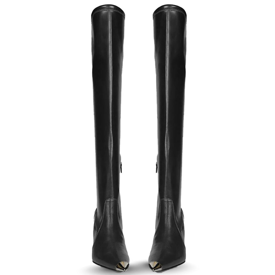 Women's black above the knee boots UK, front pair view of metallic toe cap