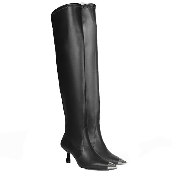 Black stretch napa above the knee boots for women UK, alternate side view