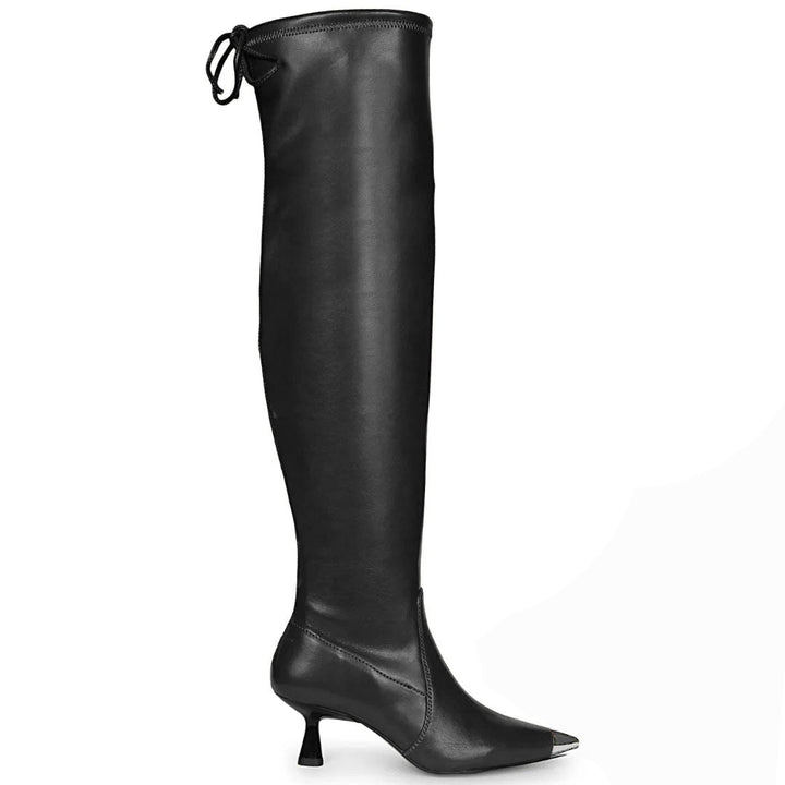 Saint Laurine black stretch napa above the knee boots for women UK, side view of metallic toe cap
