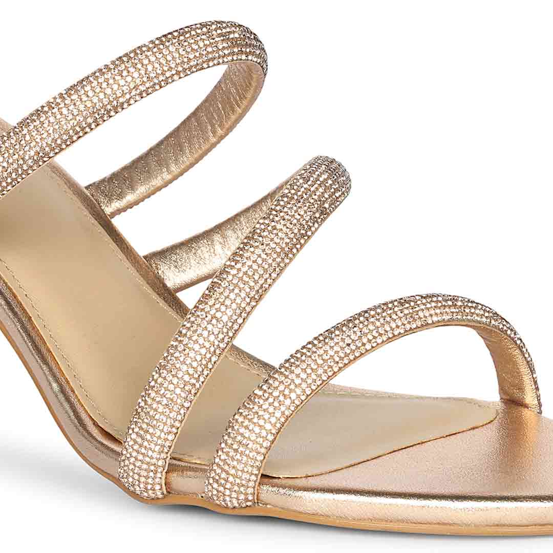 Close-up of crystal cord rose gold leather stilettos detail on Saint Layla Crystal Cord Rose Gold Leather Stilettos