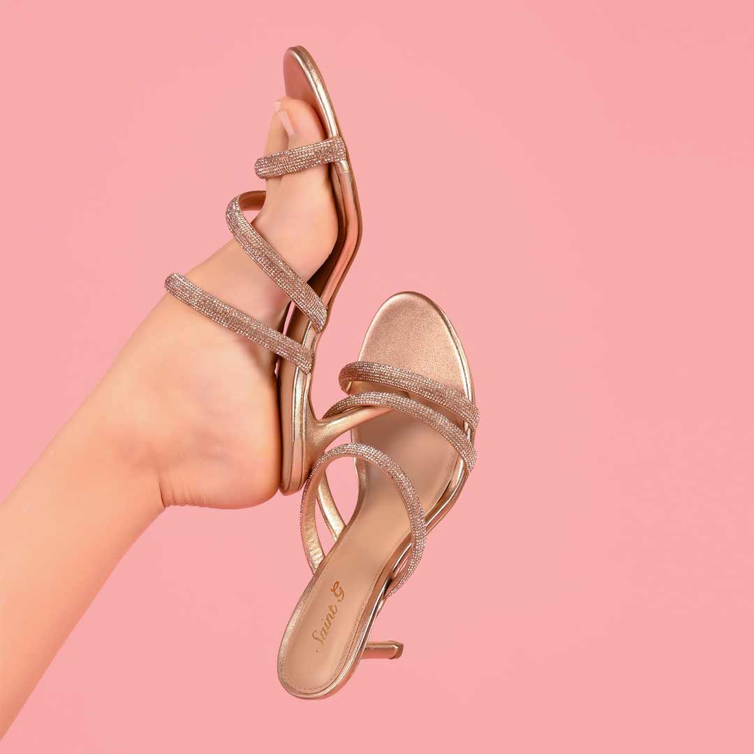Saint Layla Crystal Cord Rose Gold Leather Stilettos for women, lifestyle view