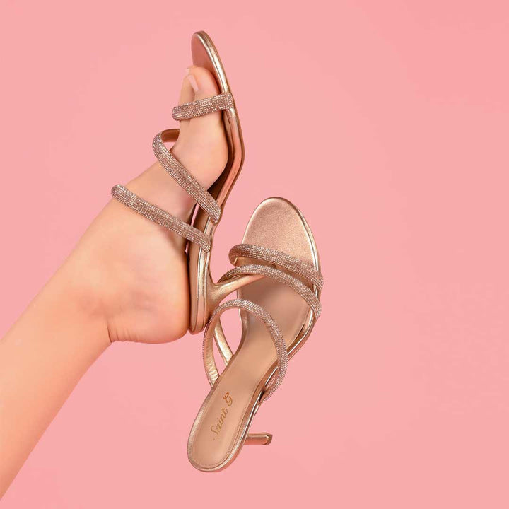 Saint Layla Crystal Cord Rose Gold Leather Stilettos for women, lifestyle view