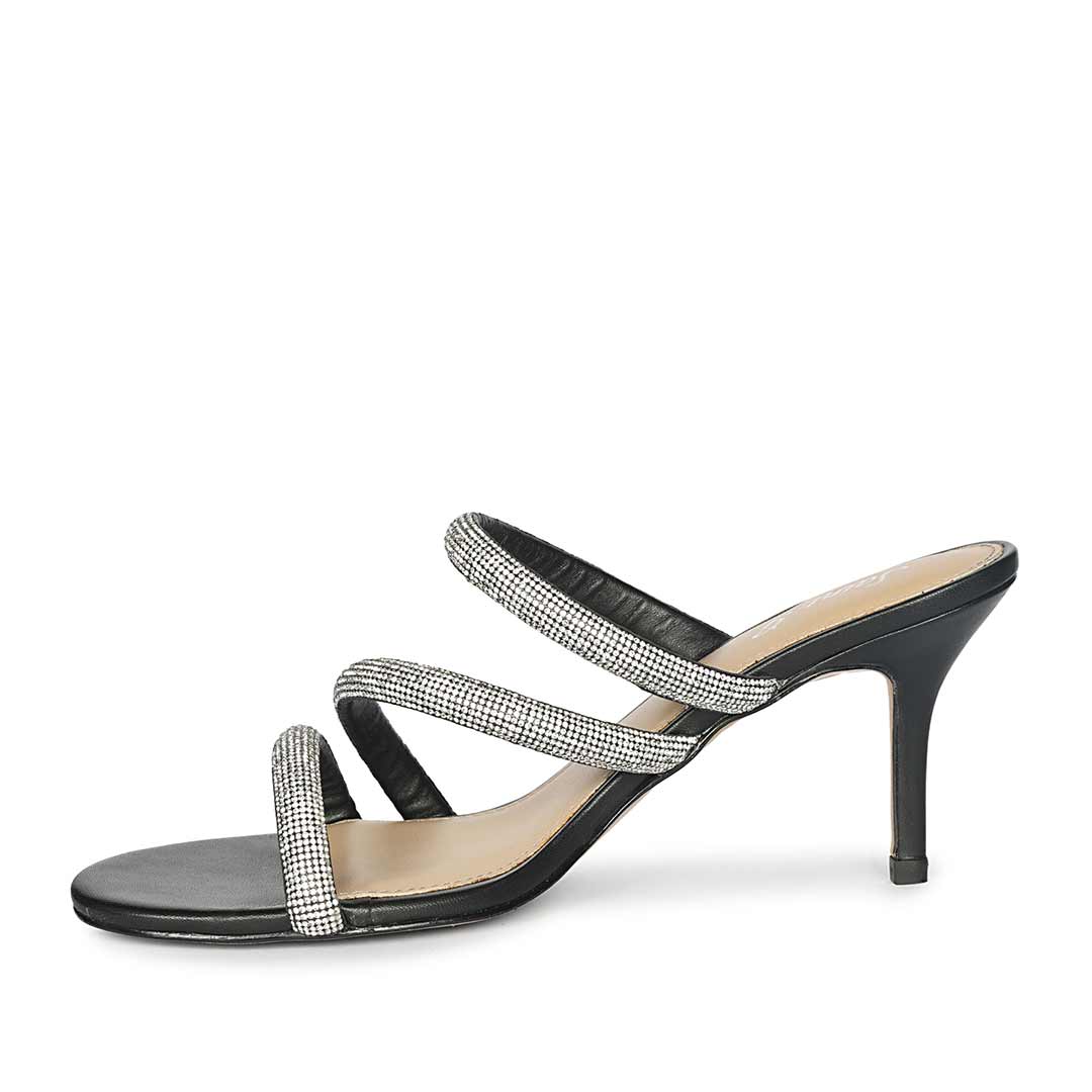 Saint Layla Silver Crystal Cord Black Leather Stilettos, angled view