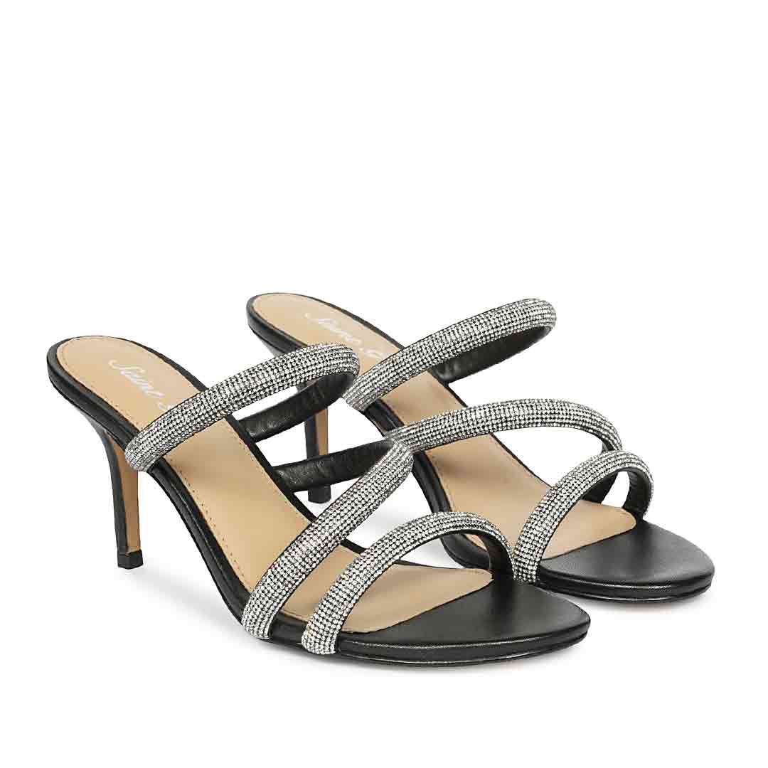 Saint Layla Silver Crystal Cord Black Leather Stilettos, pair view