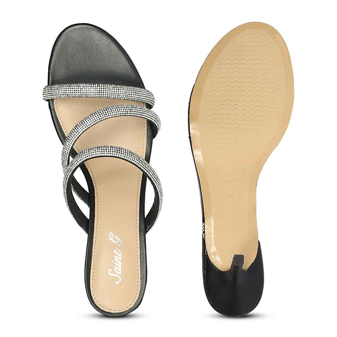 Saint Layla Silver Crystal Cord Black Leather Stilettos, sole view