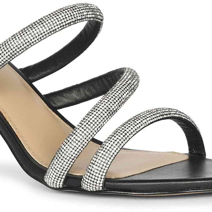Saint Layla Silver Crystal Cord Black Leather Stilettos, top-down view