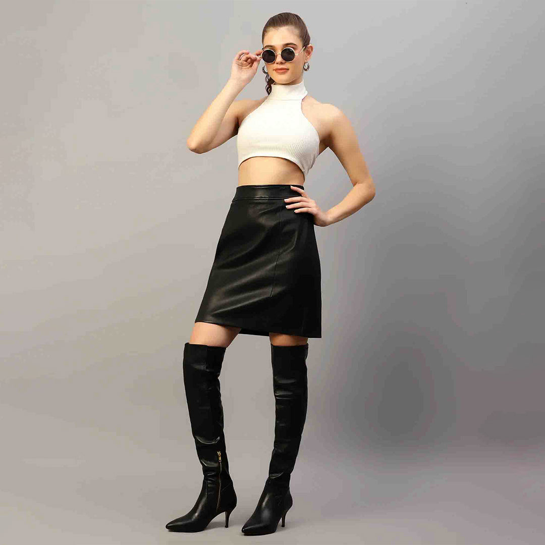 Saint Letitia black stretch leather skirt for women UK, front view