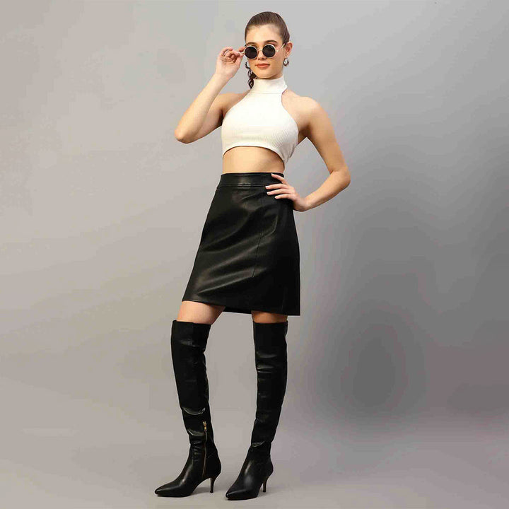 Saint Letitia black stretch leather skirt for women UK, front view