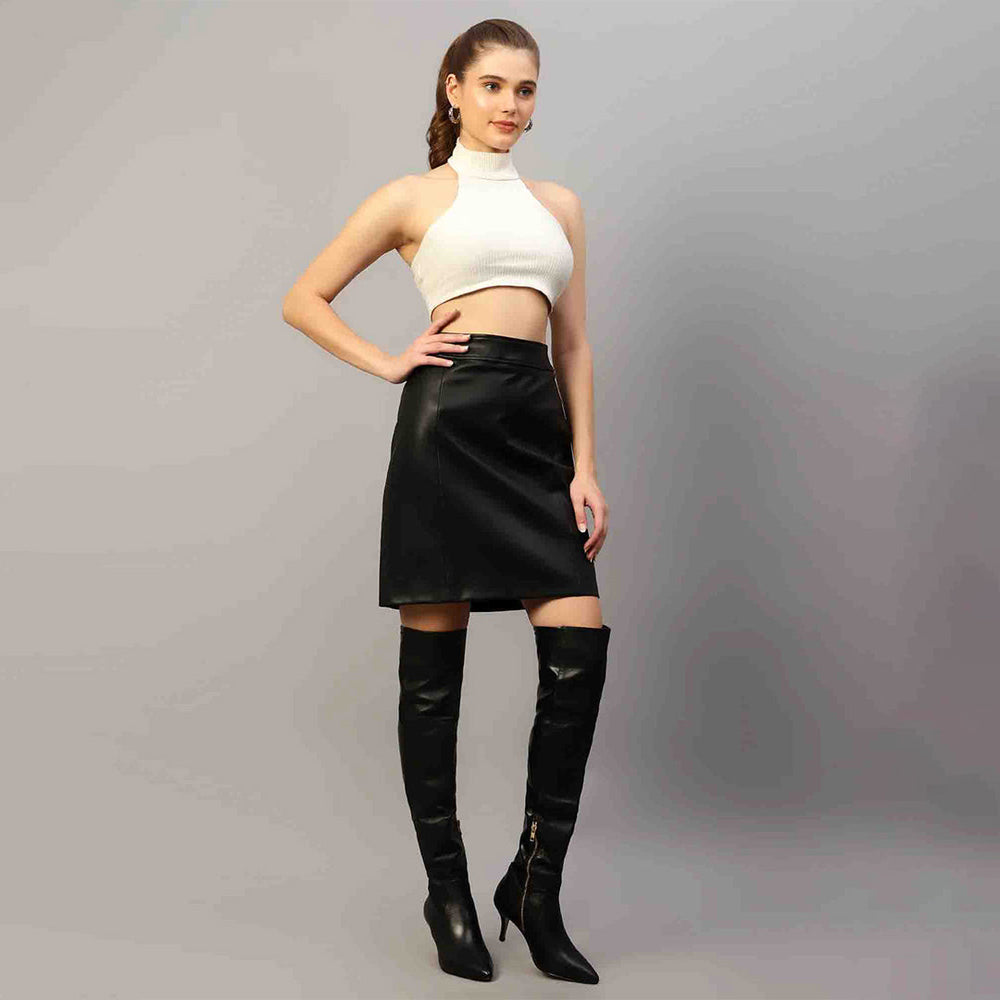 Women's black stretch leather skirt UK by Saint Letitia, side view