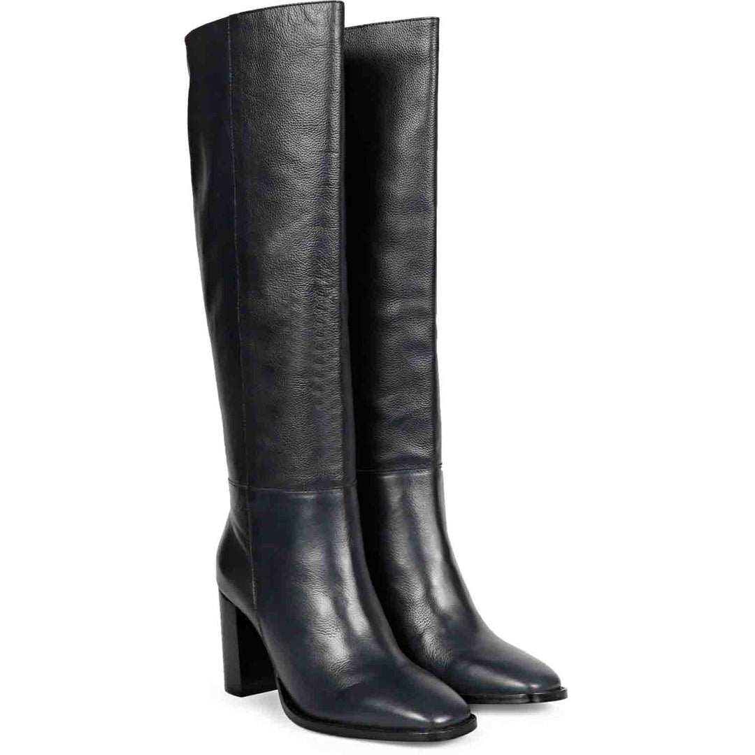 Blue leather knee high boots for women UK, pair view showing block heel