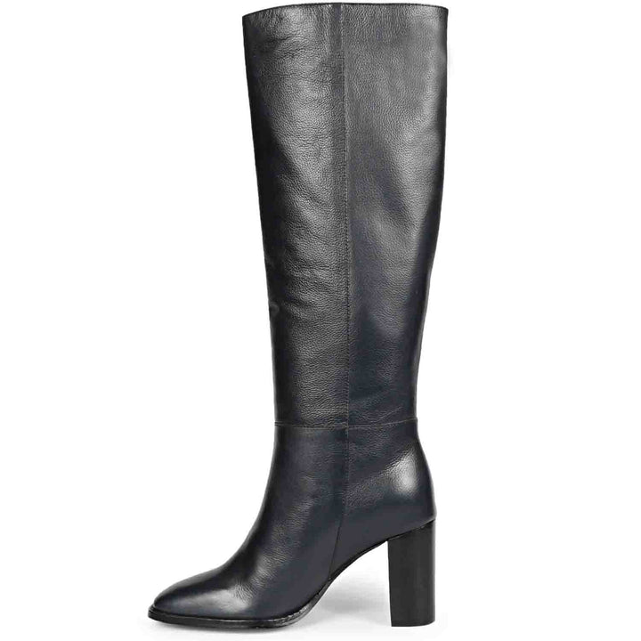 Women's blue leather knee high boots, alternate side view