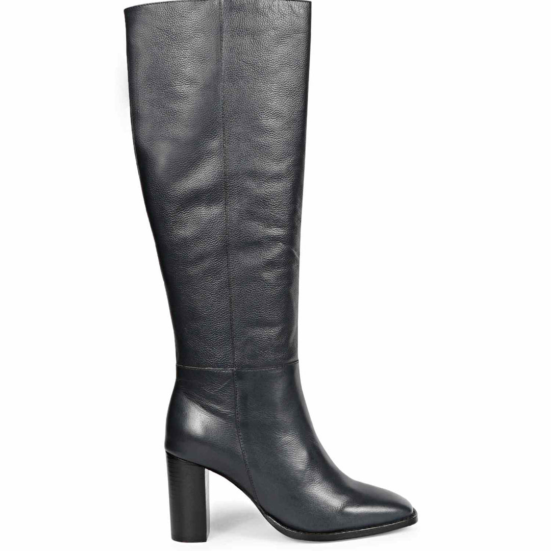 Saint Lia blue leather knee high boots for women, side view of block heel