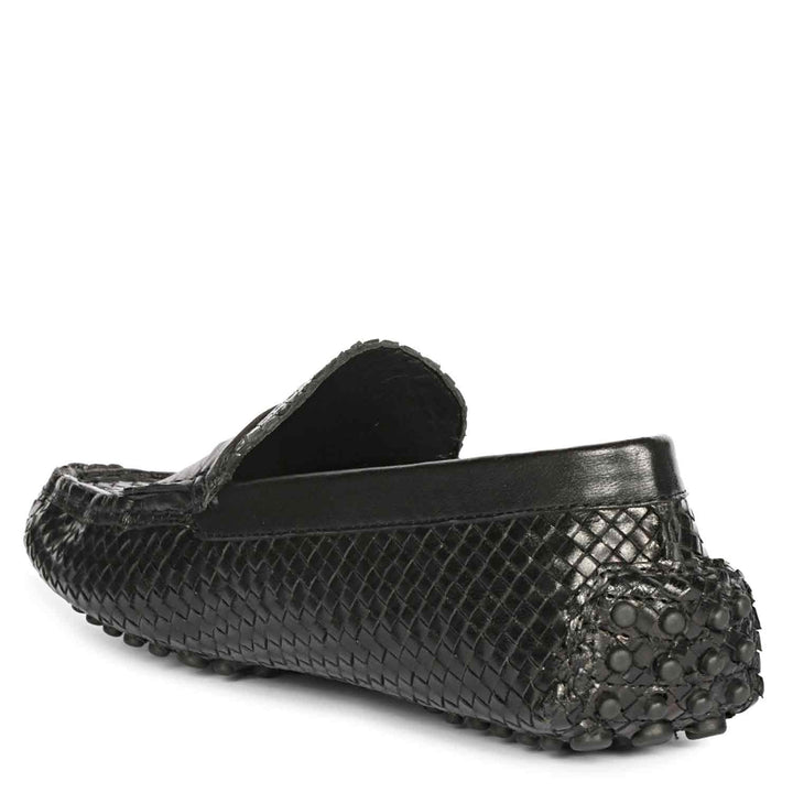 Close-up of sole studs on Saint Liana black woven leather loafers UK