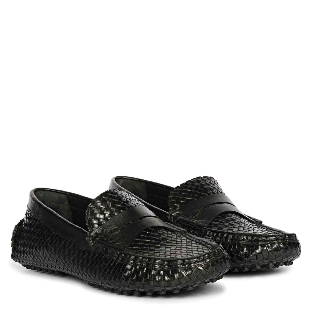 Ladies black woven leather loafers UK, Saint Liana pair angled view