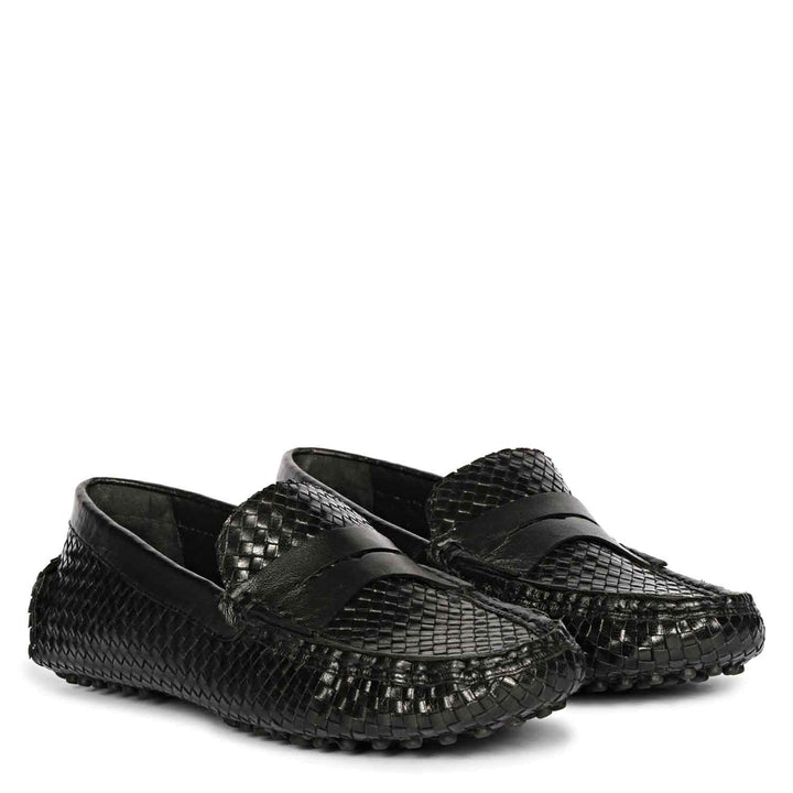 Ladies black woven leather loafers UK, Saint Liana pair angled view