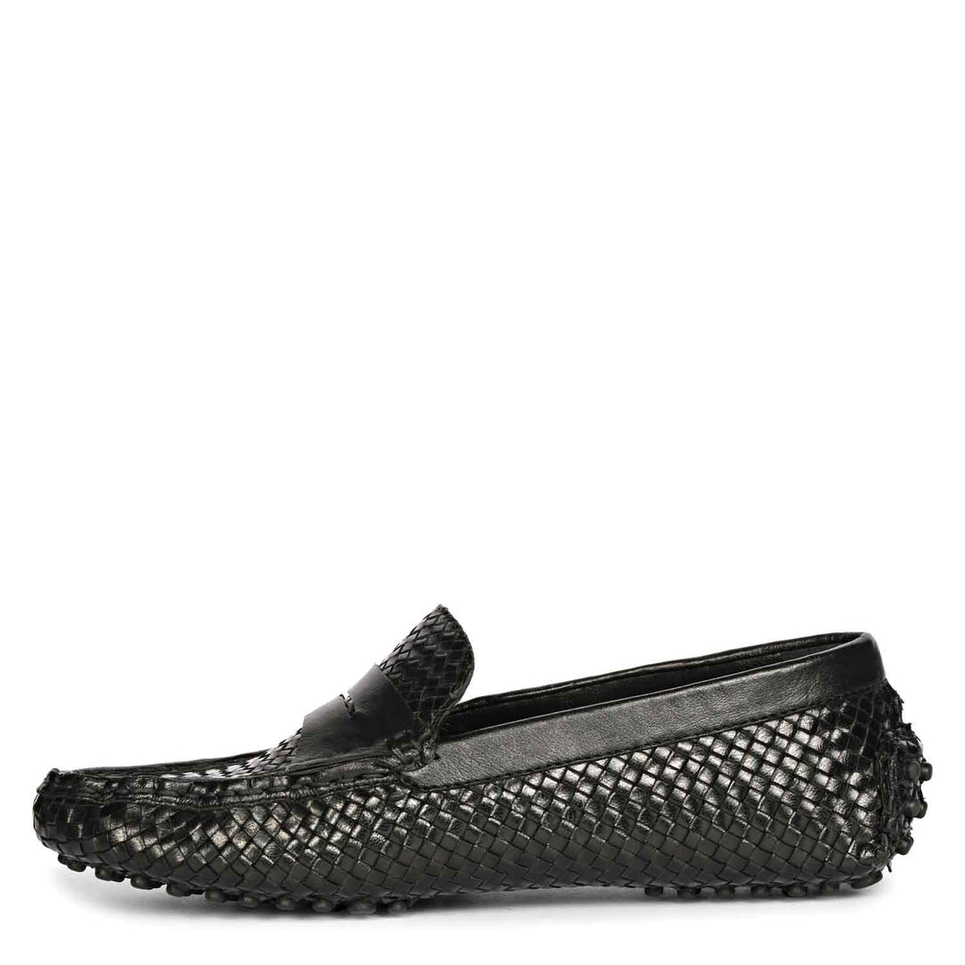 Best black woven leather driving loafers for women UK, alternate side view