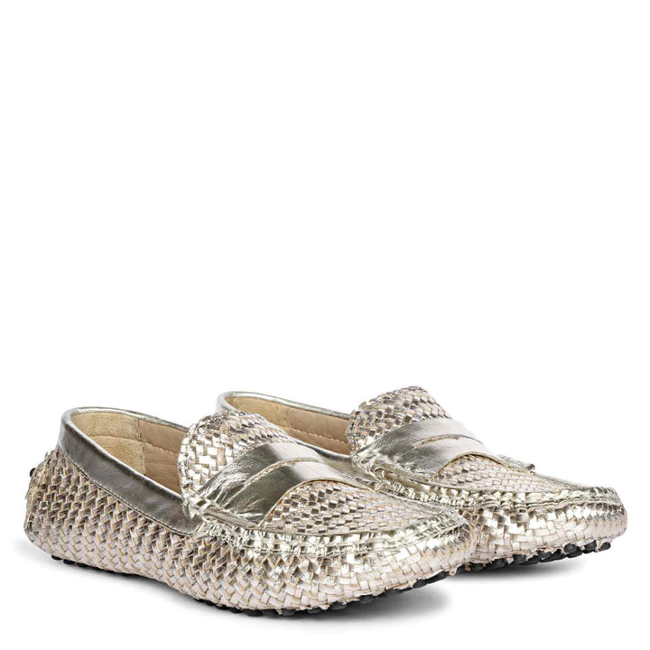 Ladies platinum woven leather loafers UK, Saint Liana pair angled view