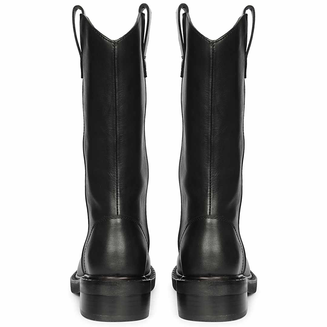 Women's Saint Lilah black leather long boots, back pair view showing block heel