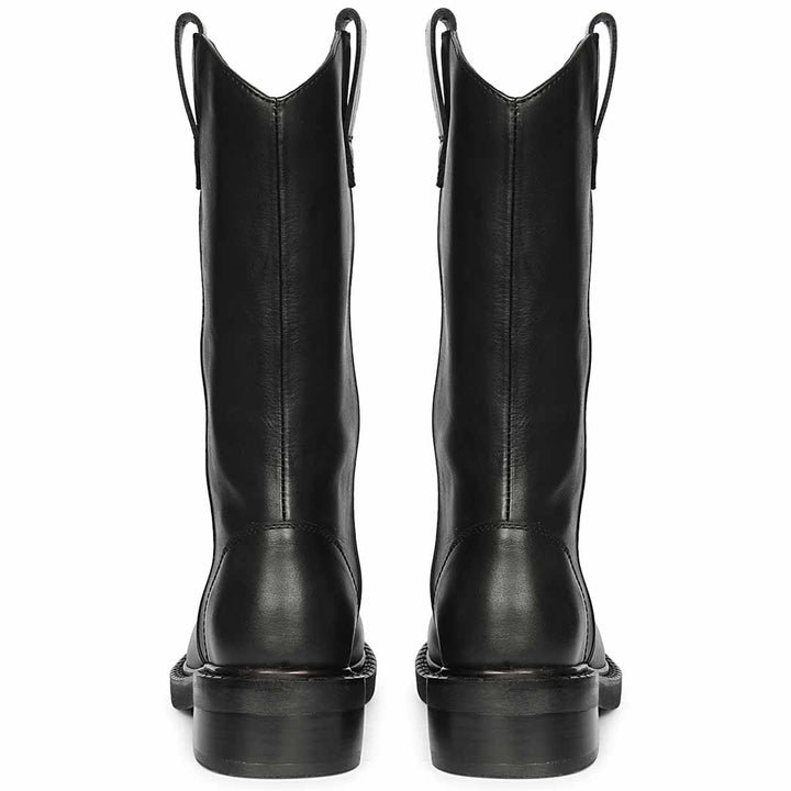 Women's Saint Lilah black leather long boots, back pair view showing block heel