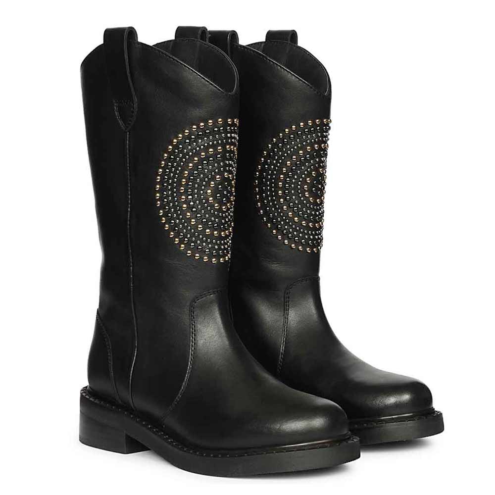 Women's Saint Lilah black leather long boots, pair view showing round toe and studded medallion detail