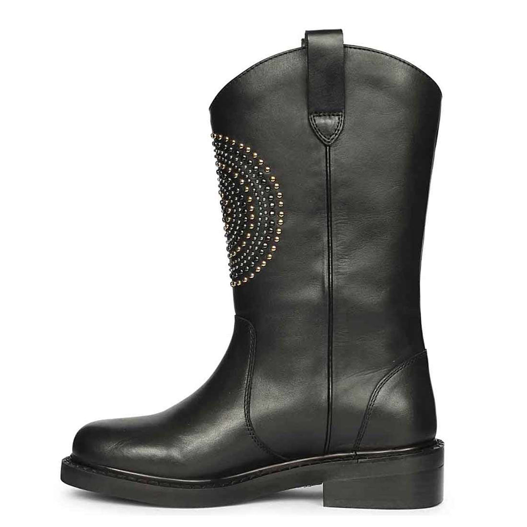 Saint Lilah black leather long boots for women UK, alternate side view of stud detail
