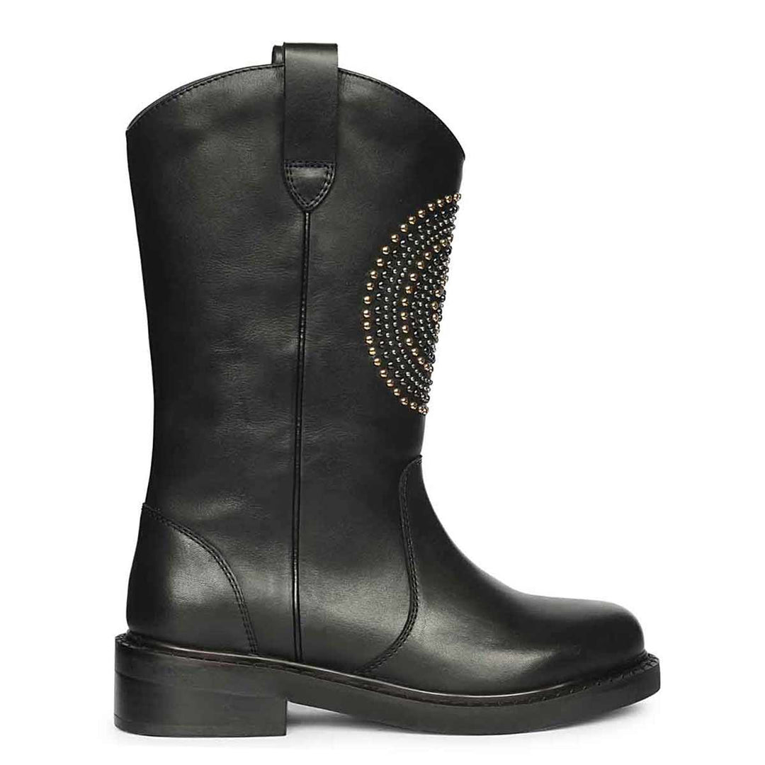 Saint Lilah studded black leather western-style long boots for women, side view of circular stud medallion