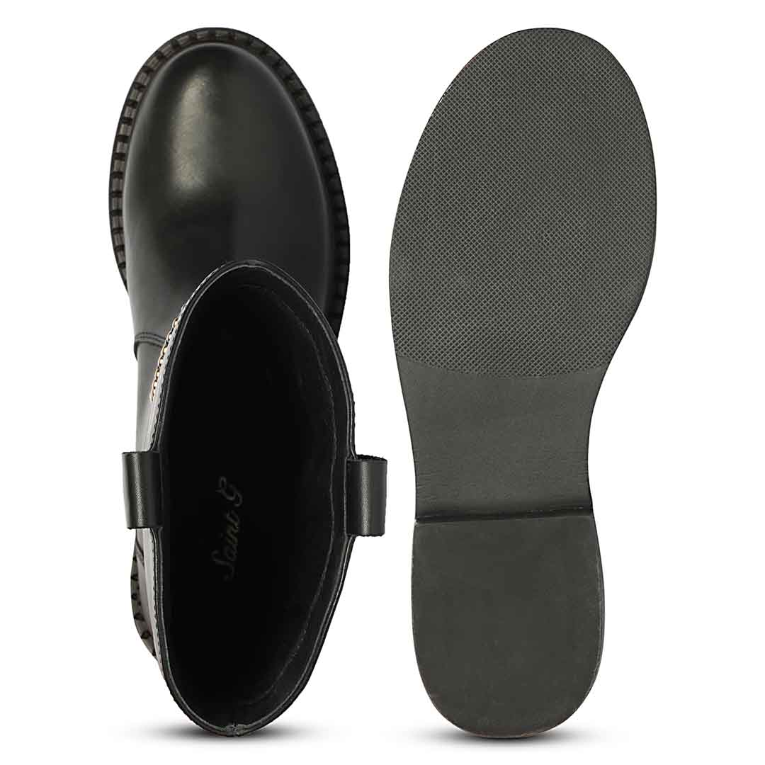 Saint Lilah black leather long boots, interior and sole view