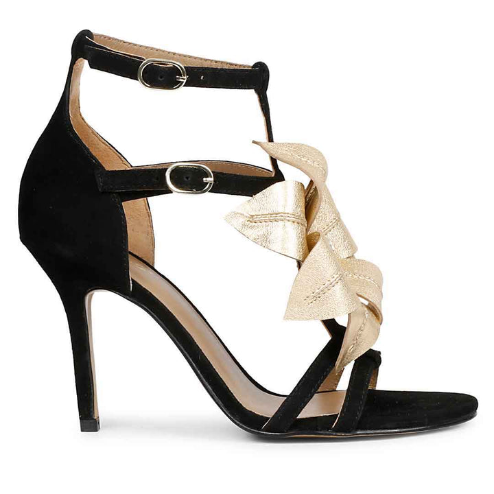 Saint Lilly gold flower embellished black leather stilettos with ankle strap detail, right view