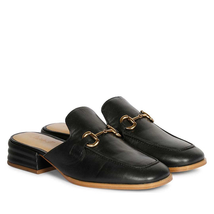 Women's Saint Liona black leather mule, angled pair view — best Ladies backless shoes UK