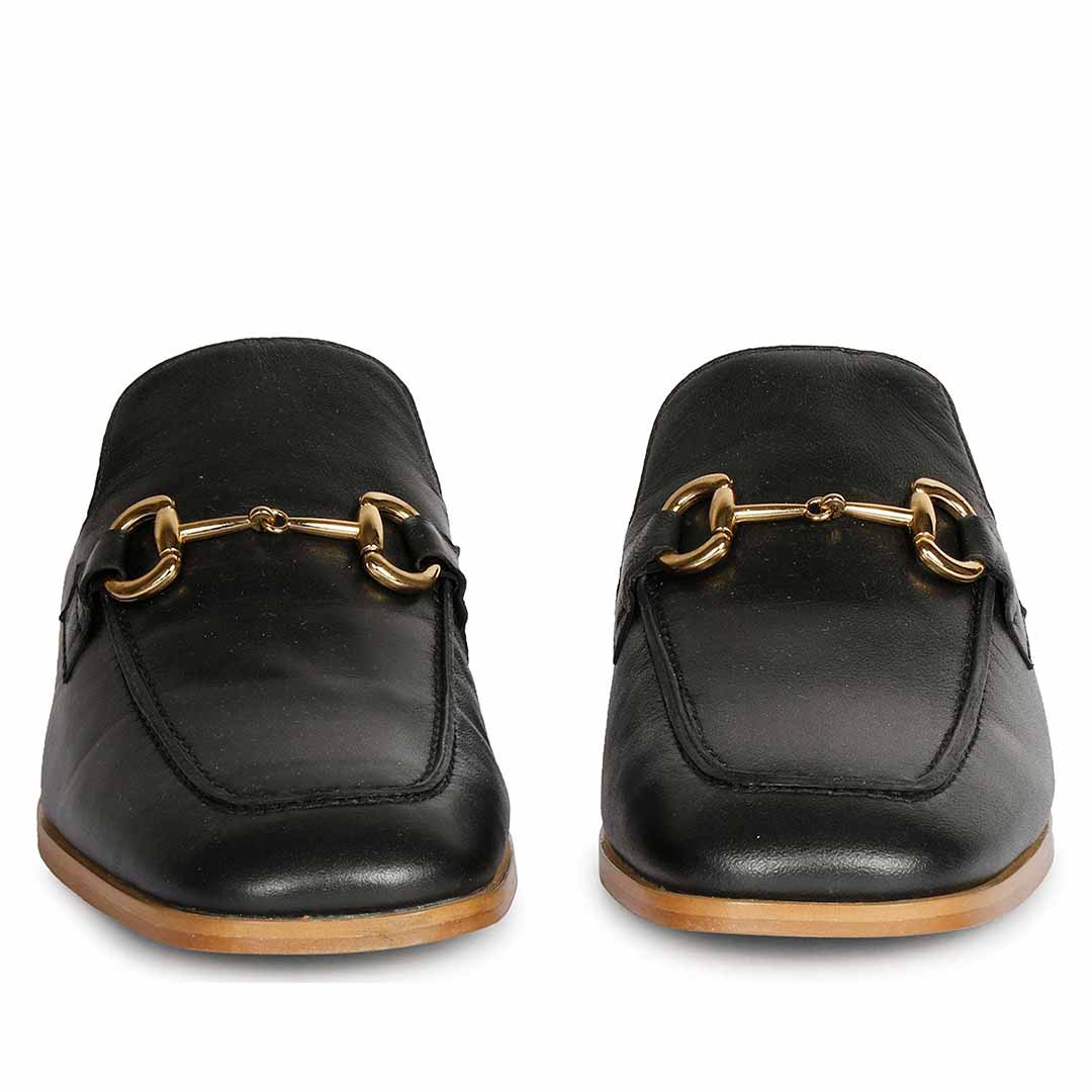 Best Ladies Saint Liona black leather mule, front pair view with gold horsebit trim — Women's shoes UK
