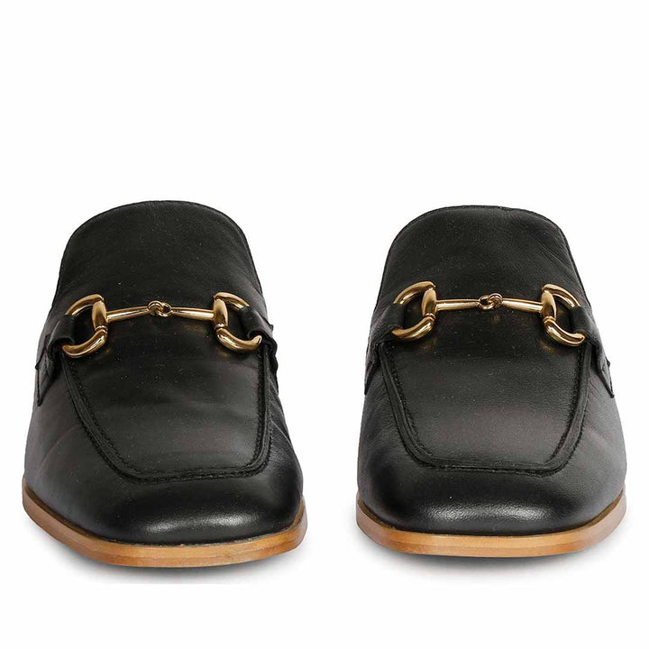 Best Ladies Saint Liona black leather mule, front pair view with gold horsebit trim — Women's shoes UK
