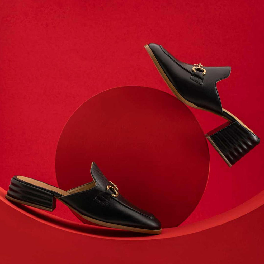 Ladies Saint Liona black leather mule, styled creative shot — best Women's backless shoes UK