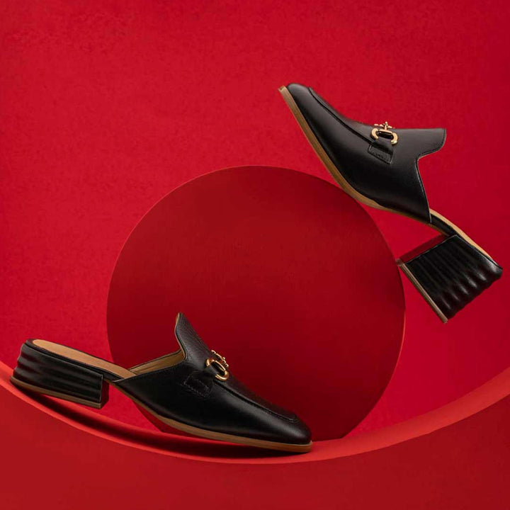 Ladies Saint Liona black leather mule, styled creative shot — best Women's backless shoes UK