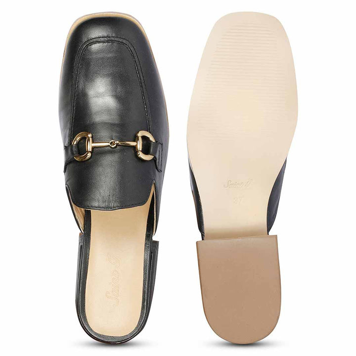 Ladies Women's Saint Liona black leather mule, sole and top view — best backless shoes UK