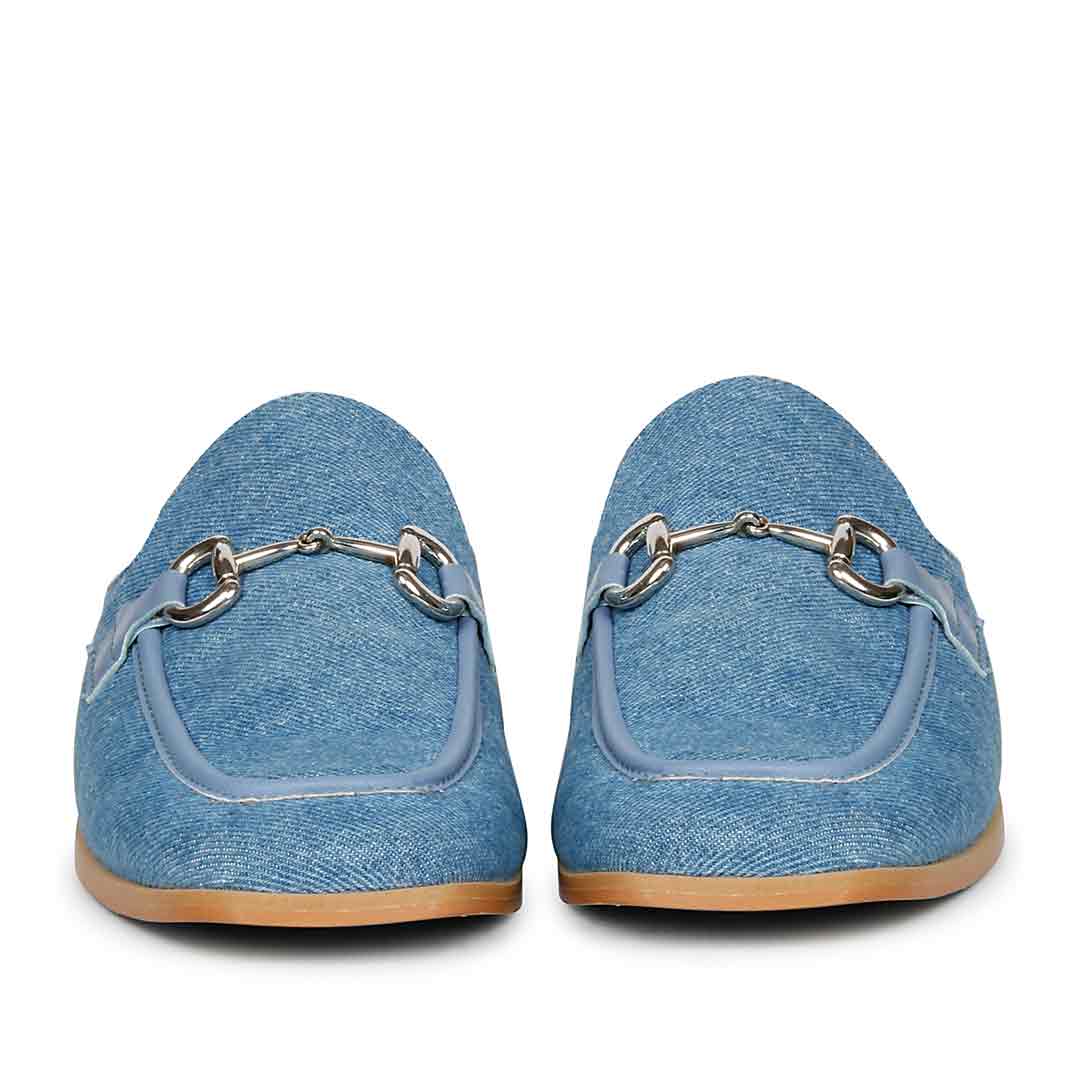 Women's Blue Denim Horsebit Mules, Front View — Best Ladies Shoes UK