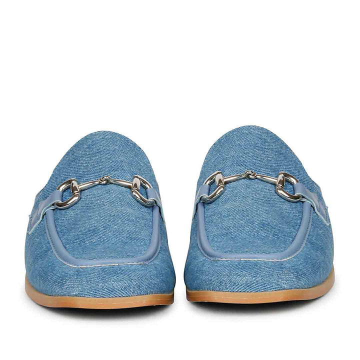 Women's Blue Denim Horsebit Mules, Front View — Best Ladies Shoes UK