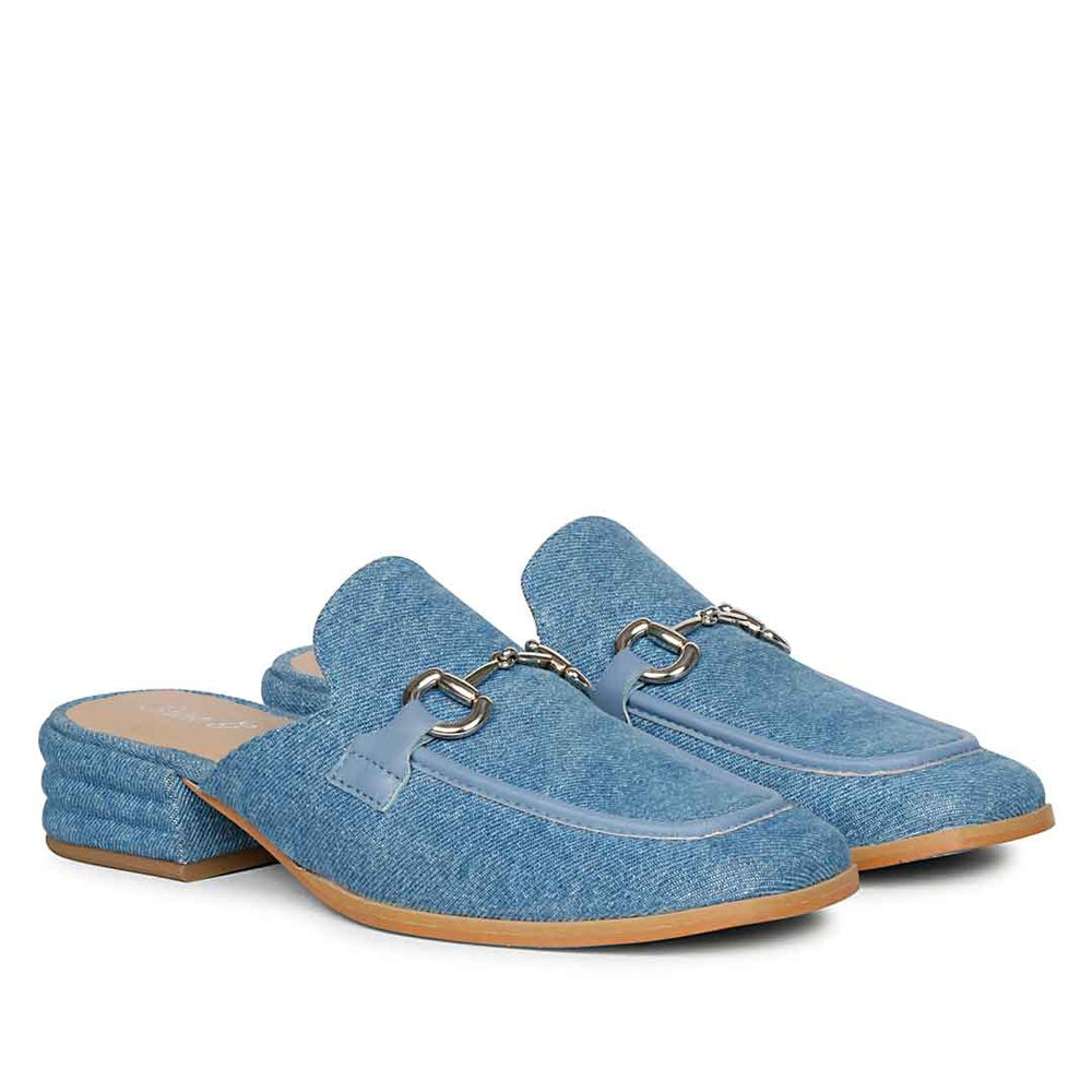 Women's Light Blue Denim Mules, Pair Angled View — Best Ladies Shoes UK