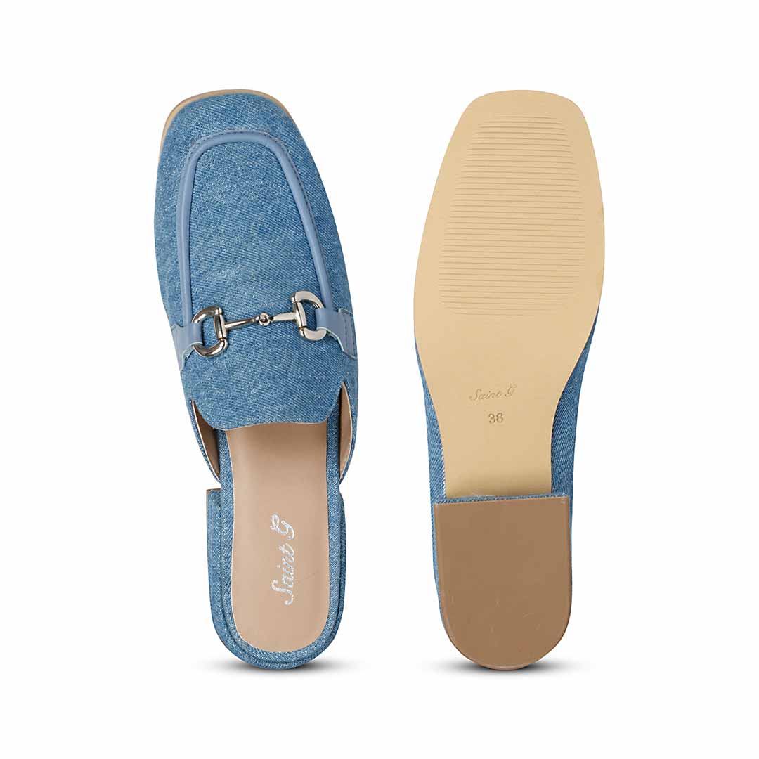 Women's Denim Horsebit Mule, Top and Sole View — Best Ladies Shoes UK