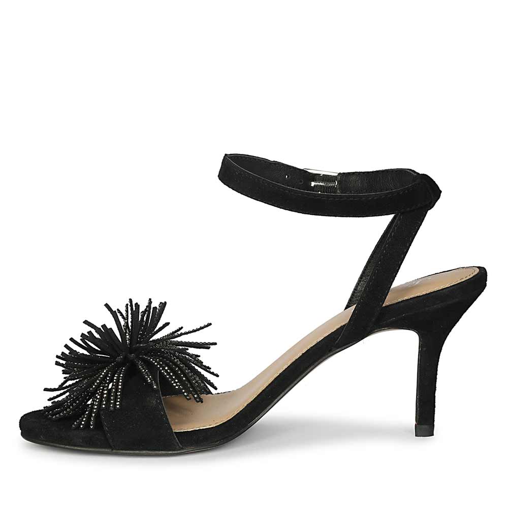 Women's Saint Liora Black Suede Fringe Stilettos, angled view