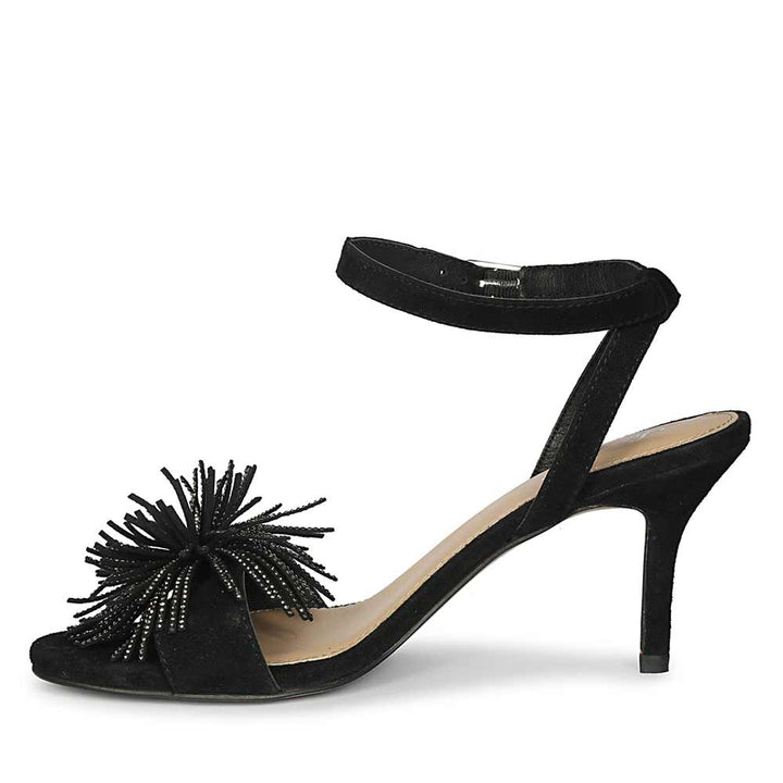 Women's Saint Liora Black Suede Fringe Stilettos, angled view