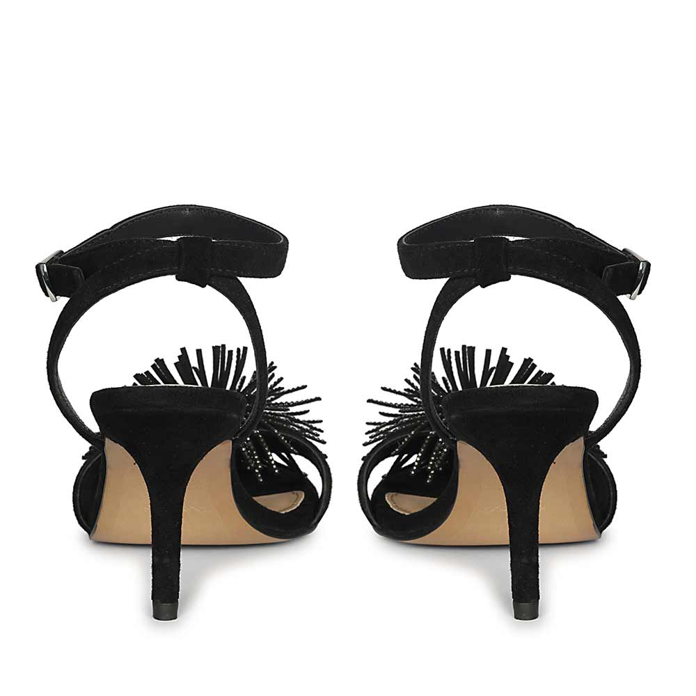 Women's Saint Liora Black Suede Fringe Stilettos, back pair view