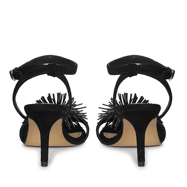 Women's Saint Liora Black Suede Fringe Stilettos, back pair view