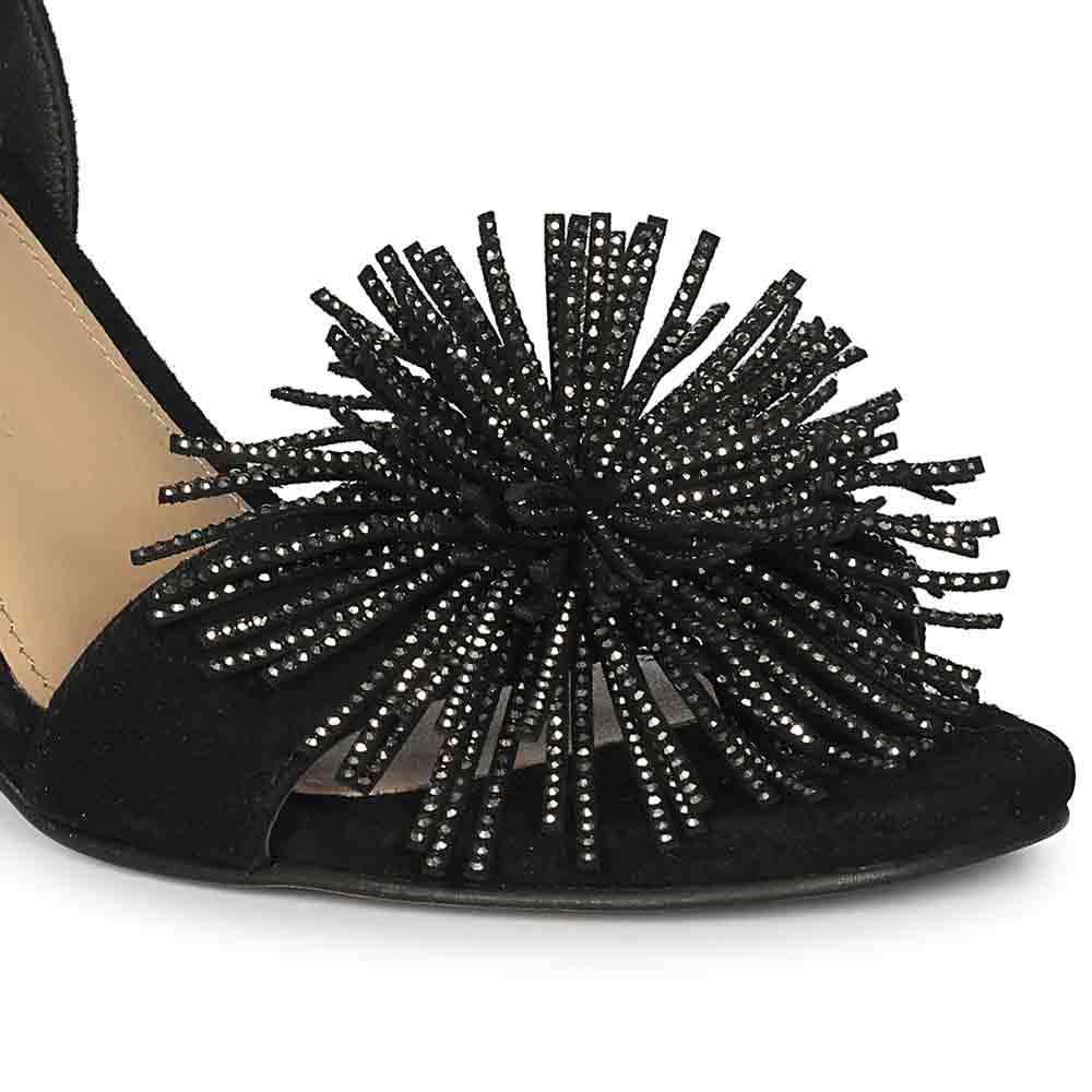 Close-up detail on Women's Saint Liora Black Suede Fringe Stilettos