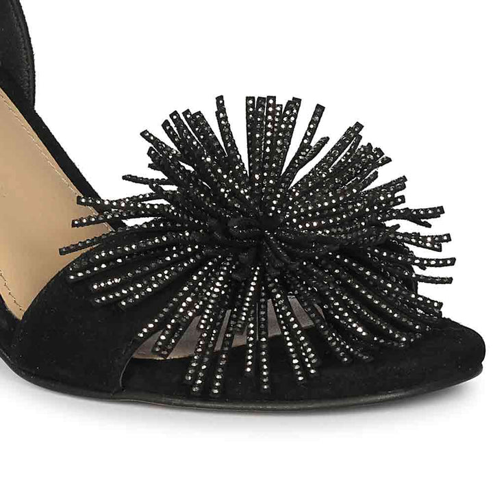 Close-up detail on Women's Saint Liora Black Suede Fringe Stilettos