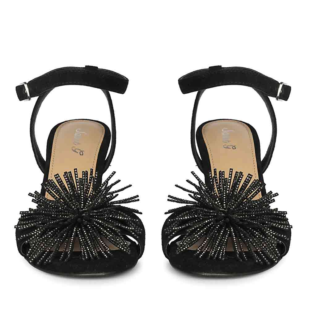 Women's Saint Liora Black Suede Fringe Stilettos, front pair view