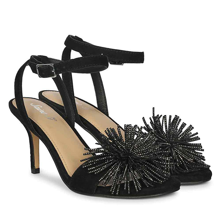 Women's Saint Liora Black Suede Fringe Stilettos, pair view