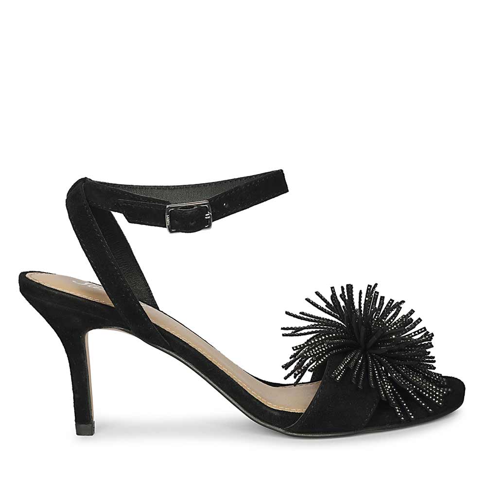 Women's Saint Liora Black Suede Fringe Stilettos, side view